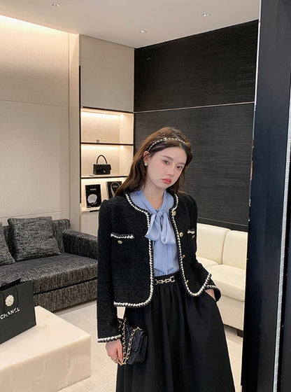 Vintage Cropped Tweed Jackets Women Elegant Black Thicken Coat Korean Single Breasted Blazer Casual Warm Short Outerwear Tops