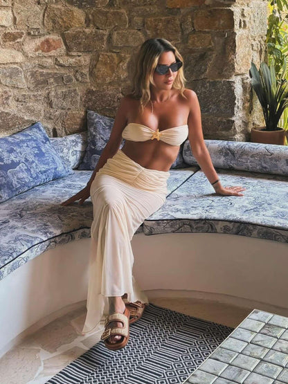 2025 Summer 3 Piece Bikini Sets Strapless Bikini Top With Half Long Skirt Cover ups Beach Wear Female Biquini Bathing Suit K210