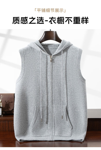 Autumn Winter Thickened Warm 100% Pure Wool Vest Men's Vest with Hood Zipper Cardigan Casual Pocket Sweater Jacket