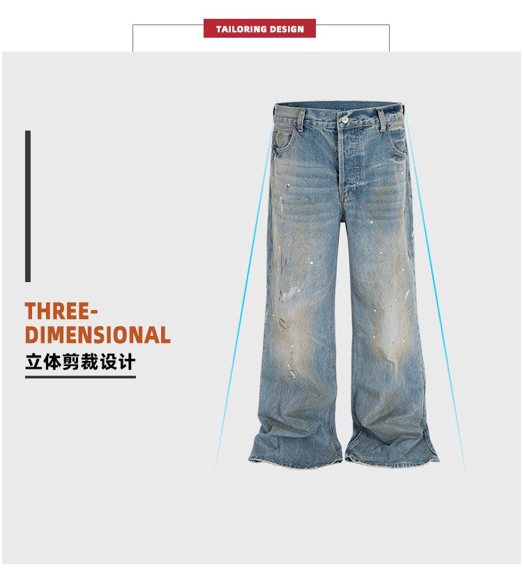 MIJKO Tie Dye Splatter Paint Denim Jeans Men's Loose Wide Leg Jeans American TJ131