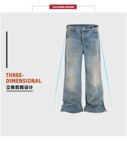 MIJKO Tie Dye Splatter Paint Denim Jeans Men's Loose Wide Leg Jeans American TJ131