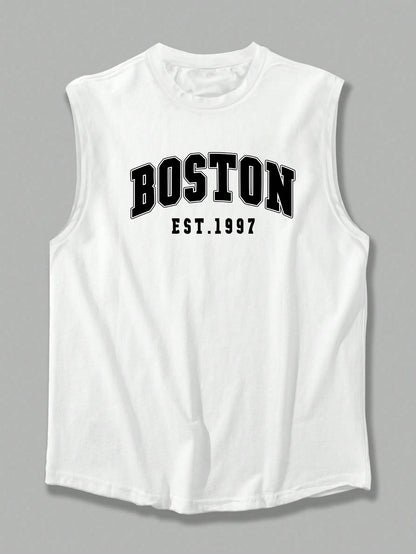 Men's summer fashion casual sports loose Boston est 1997 Print comfortable breathable round neck sleeveless vest