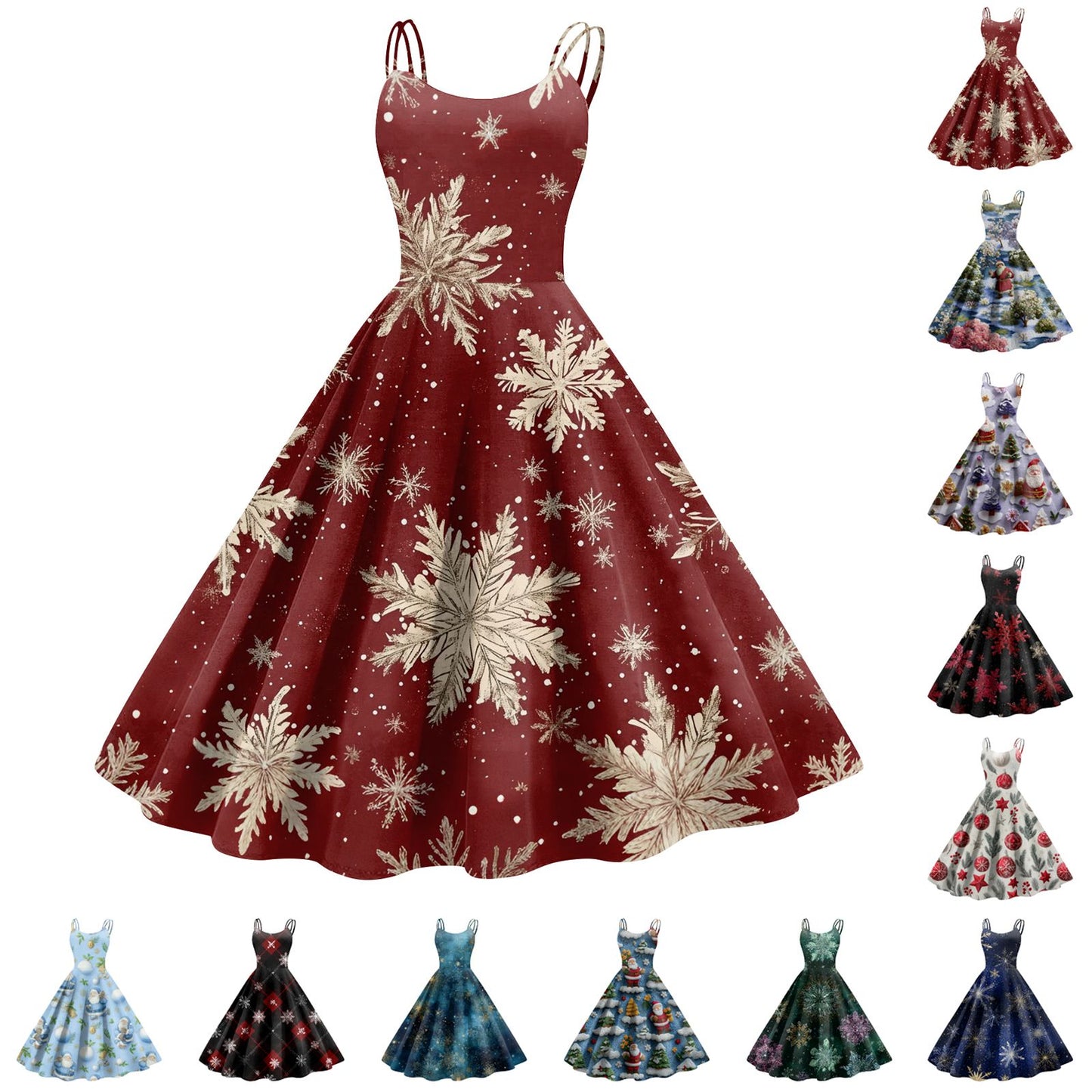 High Quality Cute Women's Casual Fashion Round Neck Christmas Print Mid-Length Dress Pretty Sweet Christmas Suspender Dress