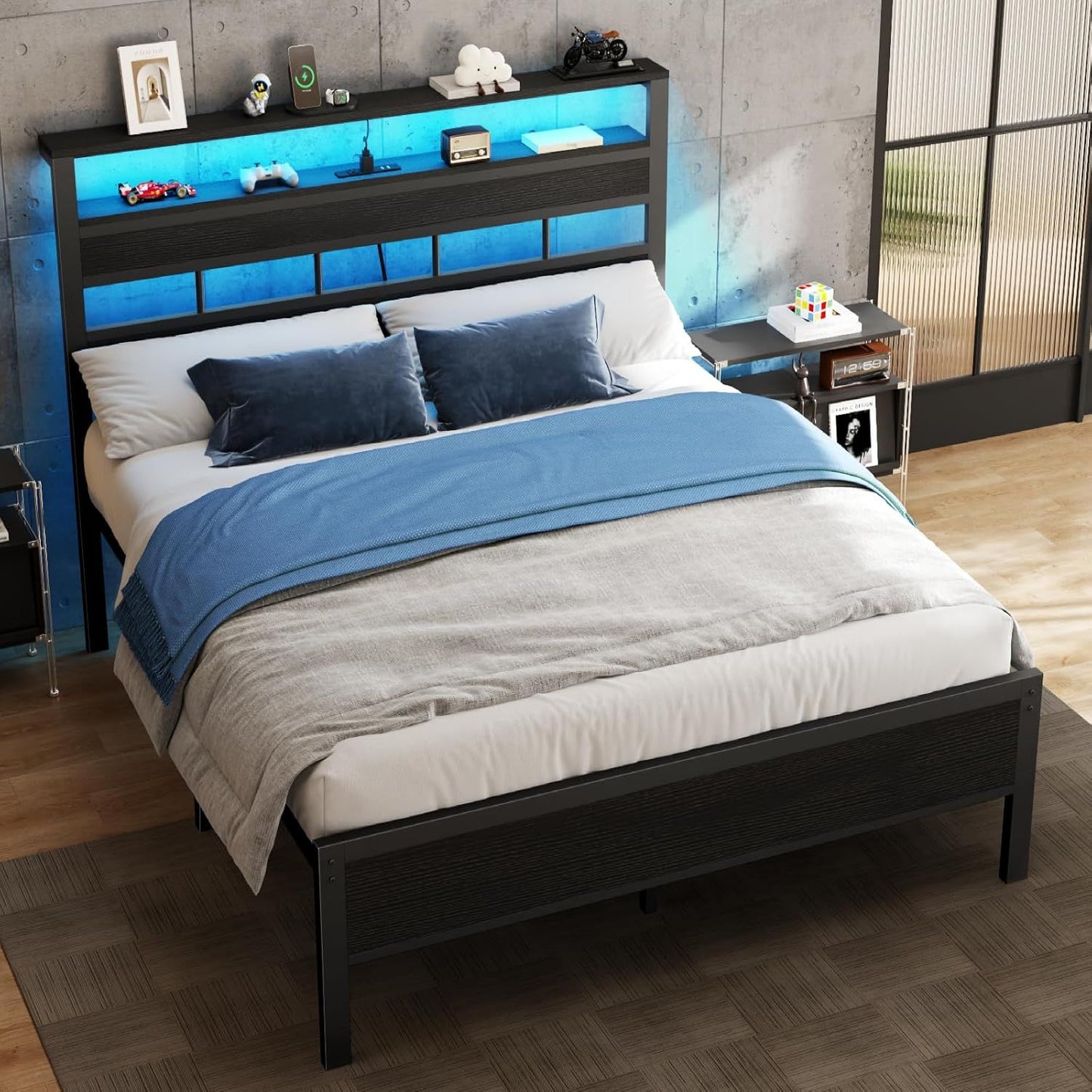 Sleek Full Size Bed Frame with Glowing LED Lights & USB Charging Station | Modern Storage Headboard