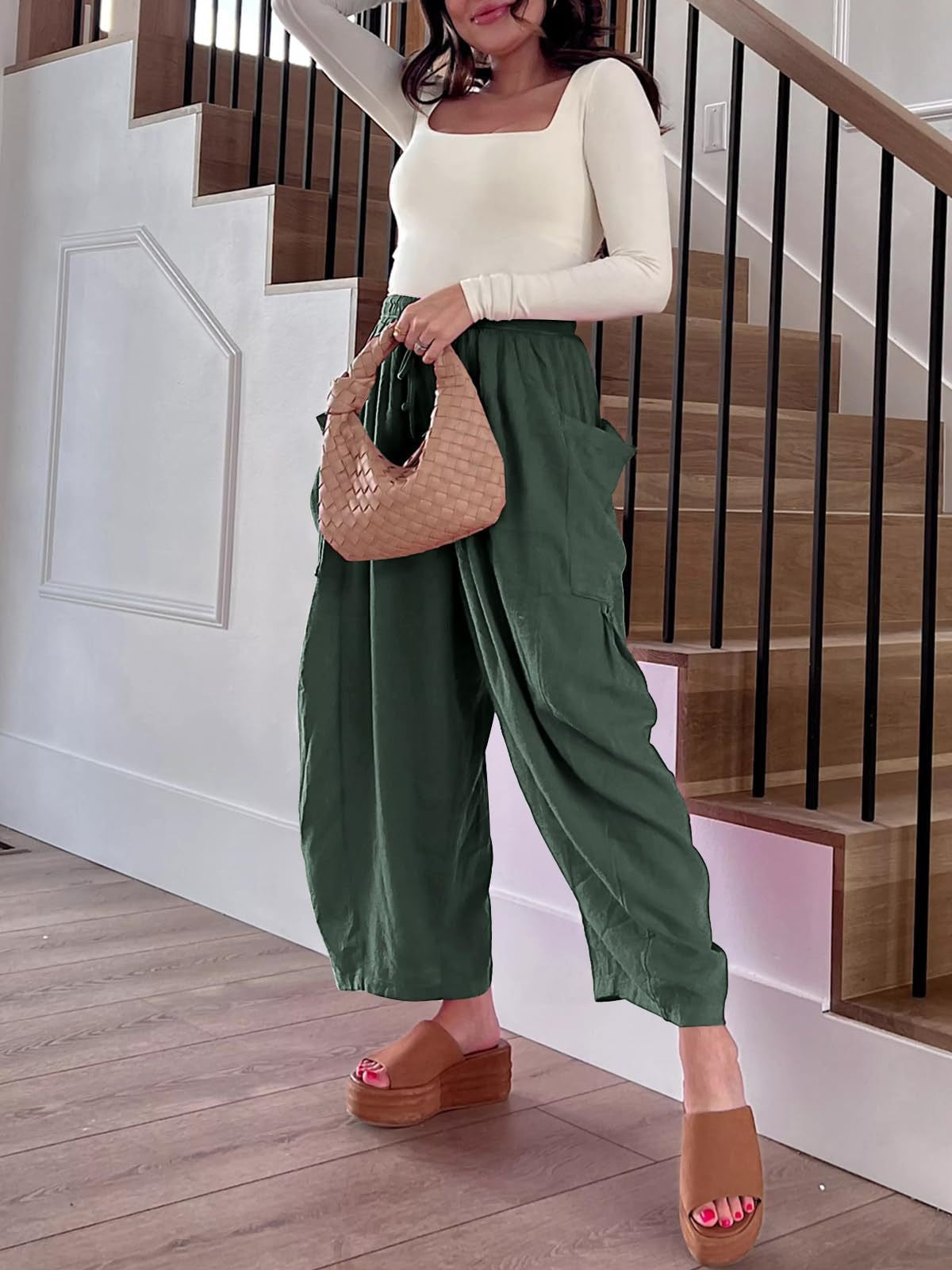 Women's Stretched-waist Pleated High-waisted Wide-leg Trousers Spring Autumn Fashion Cotton Linen Pocket Casual Trousers Woman