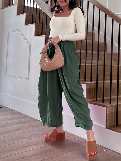 Women's Stretched-waist Pleated High-waisted Wide-leg Trousers Spring Autumn Fashion Cotton Linen Pocket Casual Trousers Woman