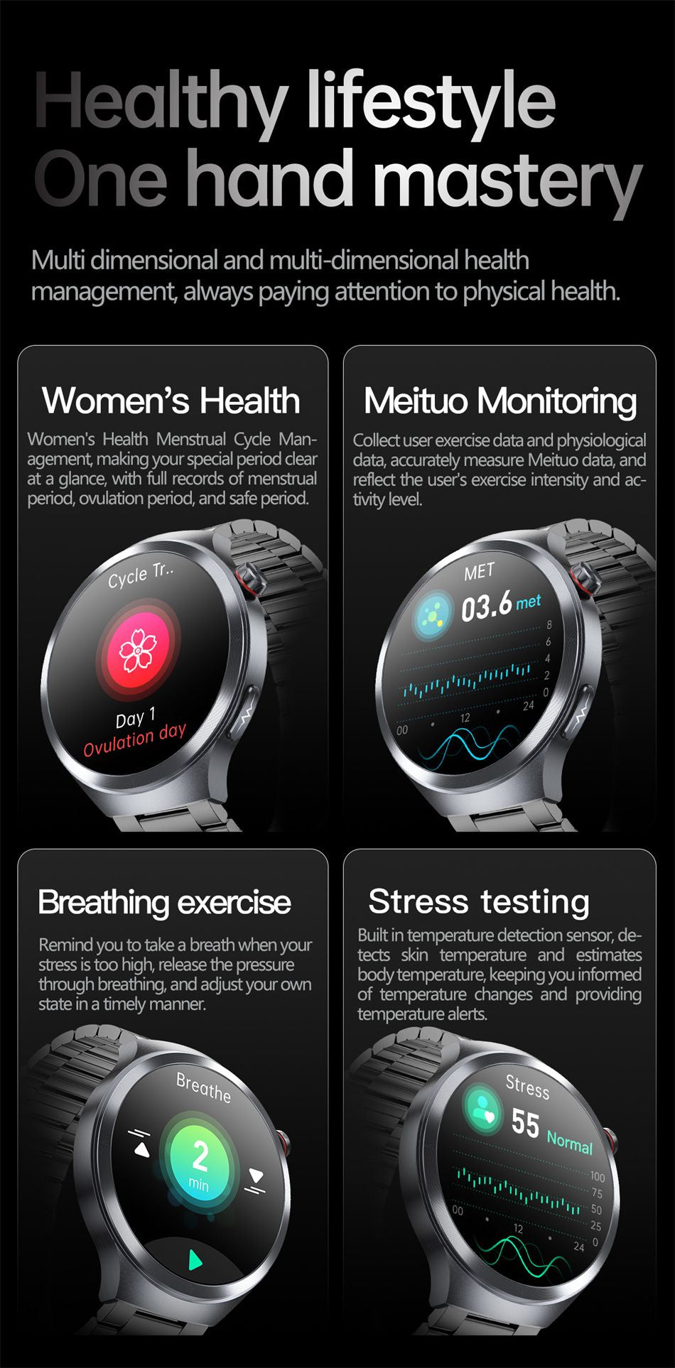 Relógio Inteligente Smartwatch Masculino 2026 Health Tracker com Safira e Medição de Ácido Úrico, Gordura Sanguínea, Pressão Arterial e ECG+PPG com Análise Corporal