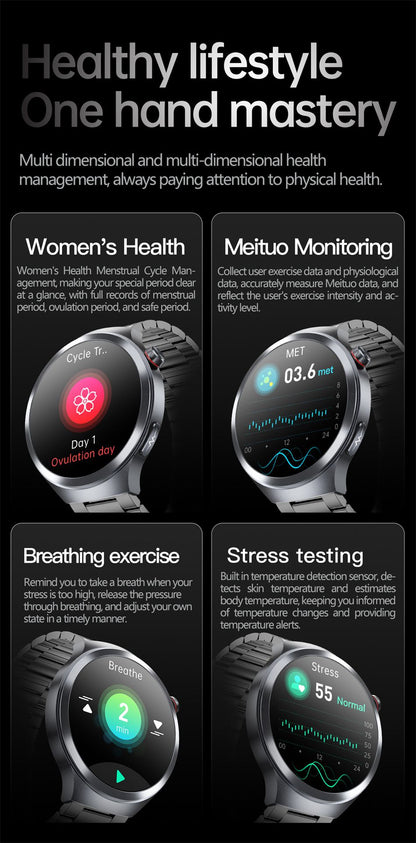 Relógio Inteligente Smartwatch Masculino 2026 Health Tracker com Safira e Medição de Ácido Úrico, Gordura Sanguínea, Pressão Arterial e ECG+PPG com Análise Corporal