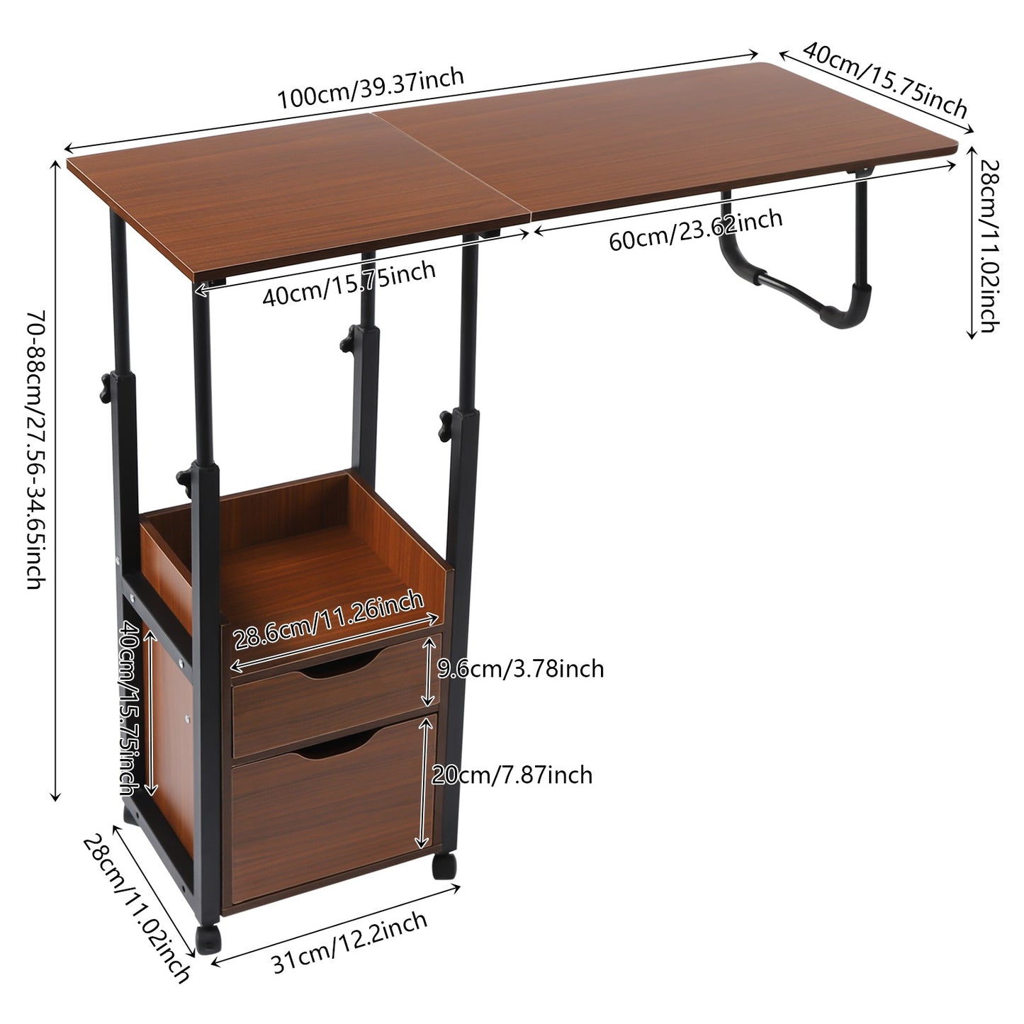 Foldable Laptop Desk with Wheels Height Adjustable Bedside Computer Table Portable Bedroom Office Table