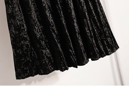 Autumn Winter Girls New A-line Velvet Skirt 2025 Plus Size Gold Velvet Half Pleated Skirt Solid Versatile High Waist Mid Skirt