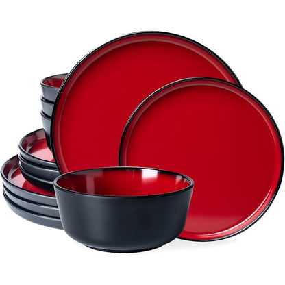 12Piece Modern Dinnerware Set Kitchen Plates and Bowls Sets Luxury 2 tone Red and Black Ceramic look Dish Set for 4.Christmas L
