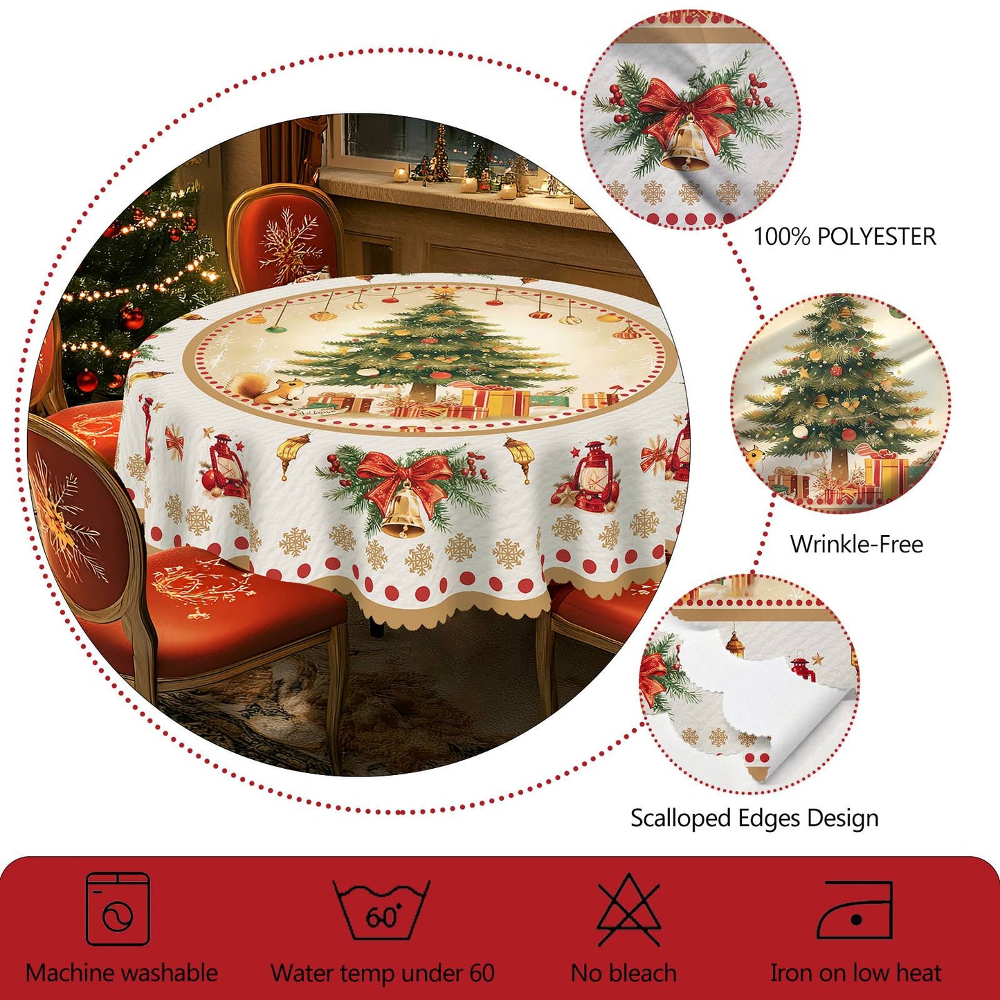 1 Piece Christmas Round and Rectangular Tablecloth, Various Sizes, Charming Christmas Tree Snow Scene Gold Tablecloth, Christmas Garden Tablecloth Decoration, Tablecloth for Daily Home Kitchen, Terrace, Gift