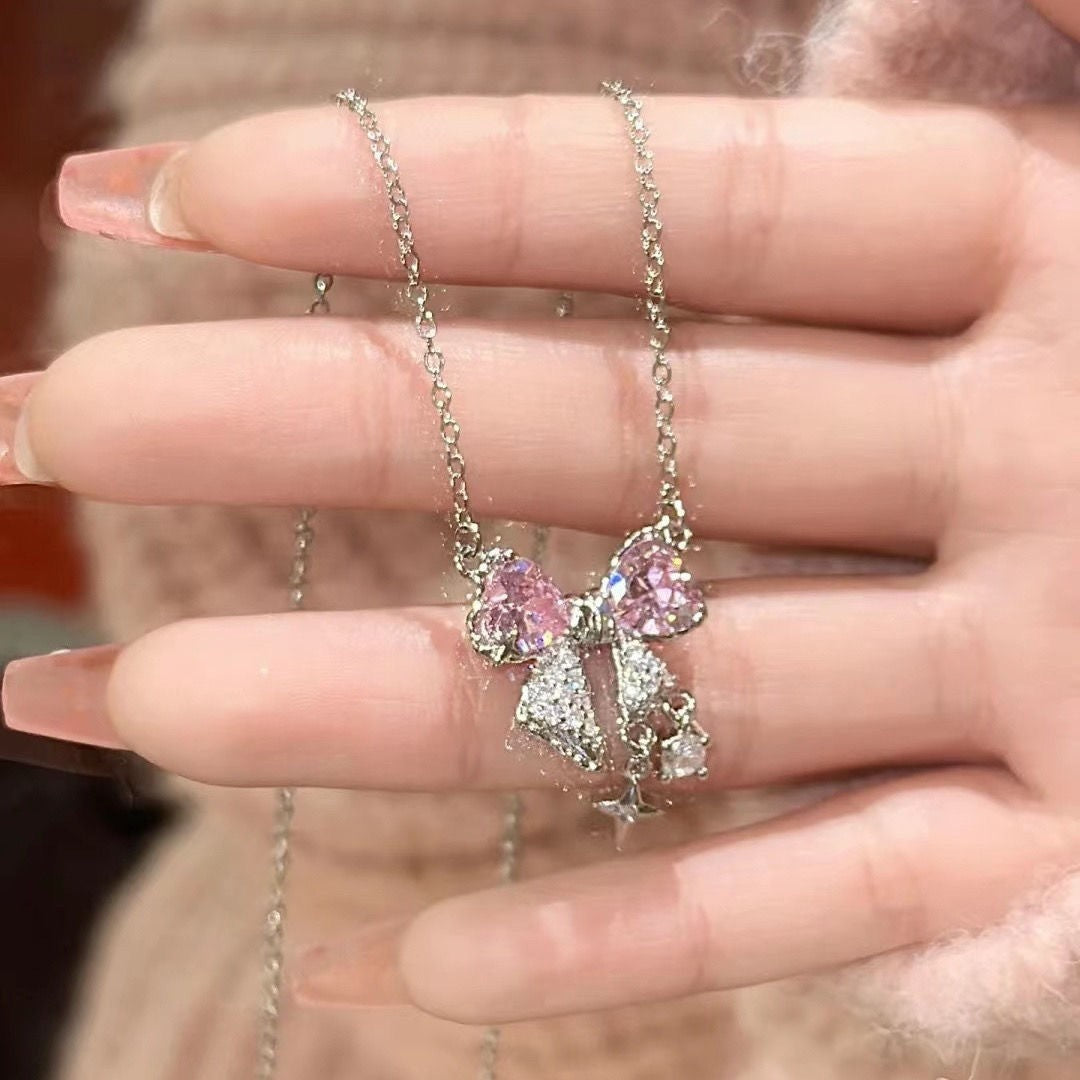 Colar de laço rosa fofo e descolado, corrente de clavícula, acessórios versáteis, luxuosos e simples.
