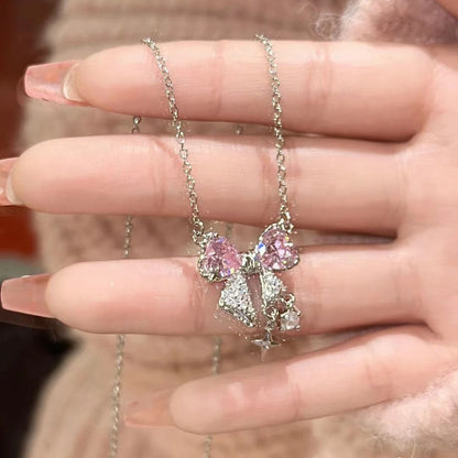 Colar de laço rosa fofo e descolado, corrente de clavícula, acessórios versáteis, luxuosos e simples.