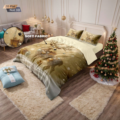 Conjunto de edredom sem enchimento 3 peças com estampa de cervo dourado de Natal, vários tamanhos, roupa de cama para quarto, decoração de feriado, macio e lavável à máquina
