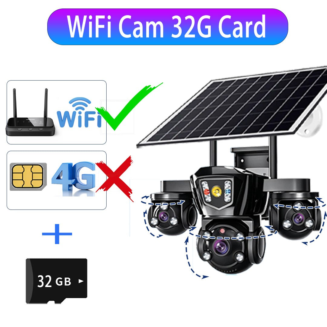 V380 Pro WiFi Wireless Solar Camera 4G Sim Card Three Screen Outdoor Solaire CCTV Three Lens Battery 360 Solar Security Cameras