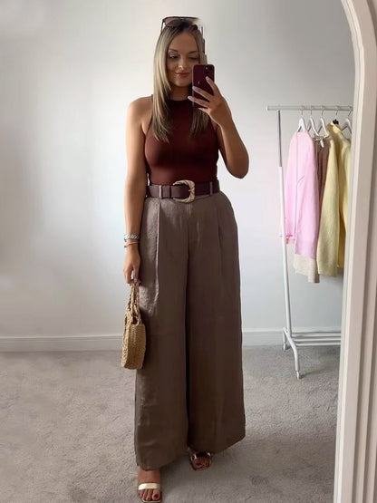 HH Women New Fashion Solid Belt Wrinkles Decorate Casual Loose Trousers Female Chic Zipper Side Pocket Slim Wide Leg Pants