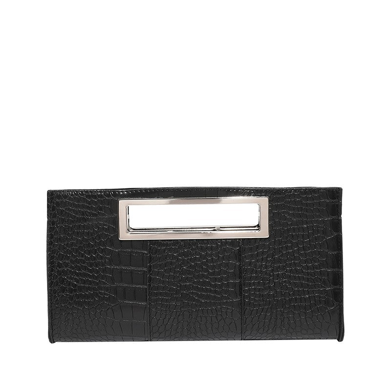Women Crocodile Pattern PU Leather Clutch Purse Metal Grip Handle Tote Handbag Trendy Evening Bags Chic Black Envelope Party Bag