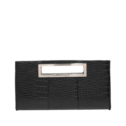 Women Crocodile Pattern PU Leather Clutch Purse Metal Grip Handle Tote Handbag Trendy Evening Bags Chic Black Envelope Party Bag