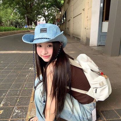 Retro Sunscreen Western Cowboy Hat Lightweight Wide-Brimmed Denim Bucket Hat Japanese Style Cloth Fisherman Hat Travel