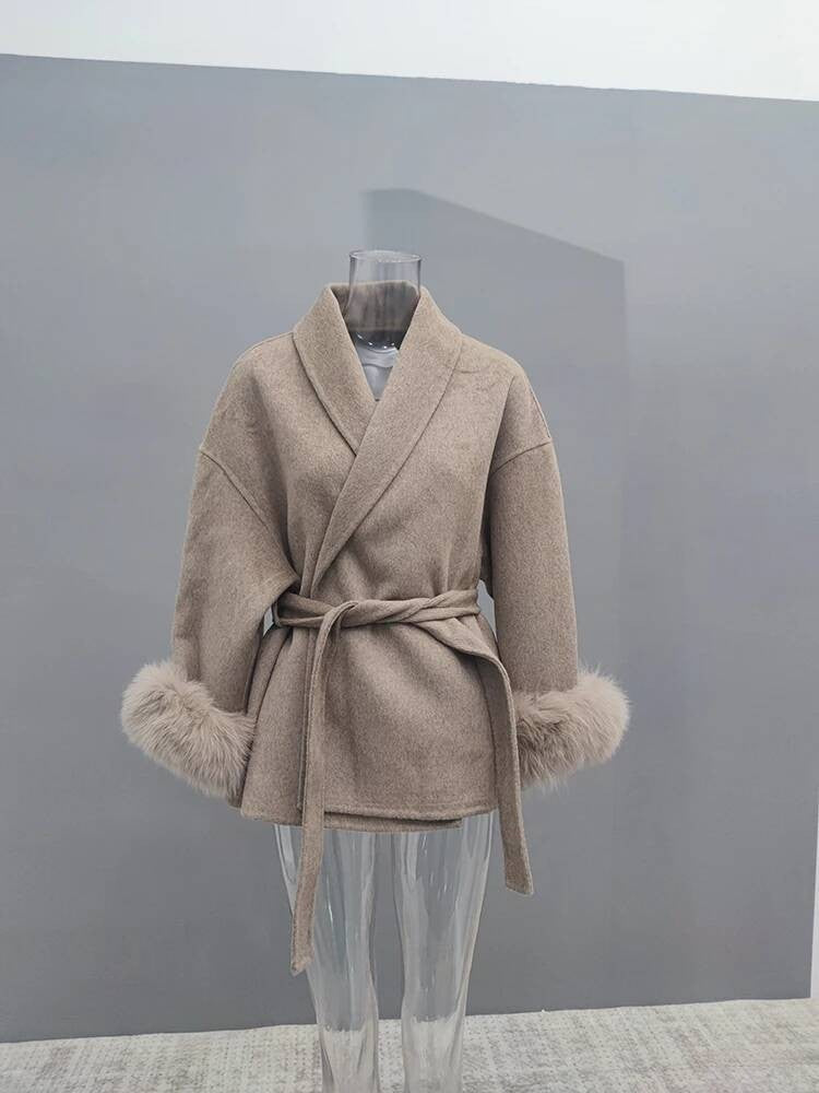 UCXQ Casaco Feminino Elegante OL para Escritório com Retalhos de Pelo Manga Comprida Lã Jaqueta de Roupa Feminina Bonita Outono Inverno 2025