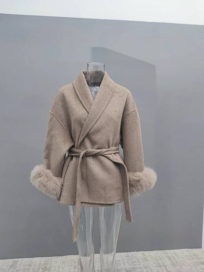 UCXQ Casaco Feminino Elegante OL para Escritório com Retalhos de Pelo Manga Comprida Lã Jaqueta de Roupa Feminina Bonita Outono Inverno 2025