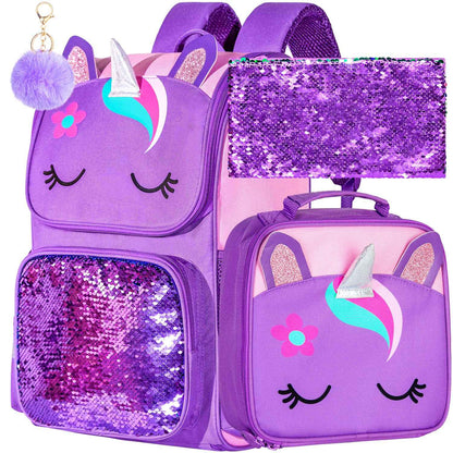 3PCS Unicorn Backpack, 15" Girls Sequin Bookbag with Lunch Box, Purple Kids School Bag for Elementary 2 sold
