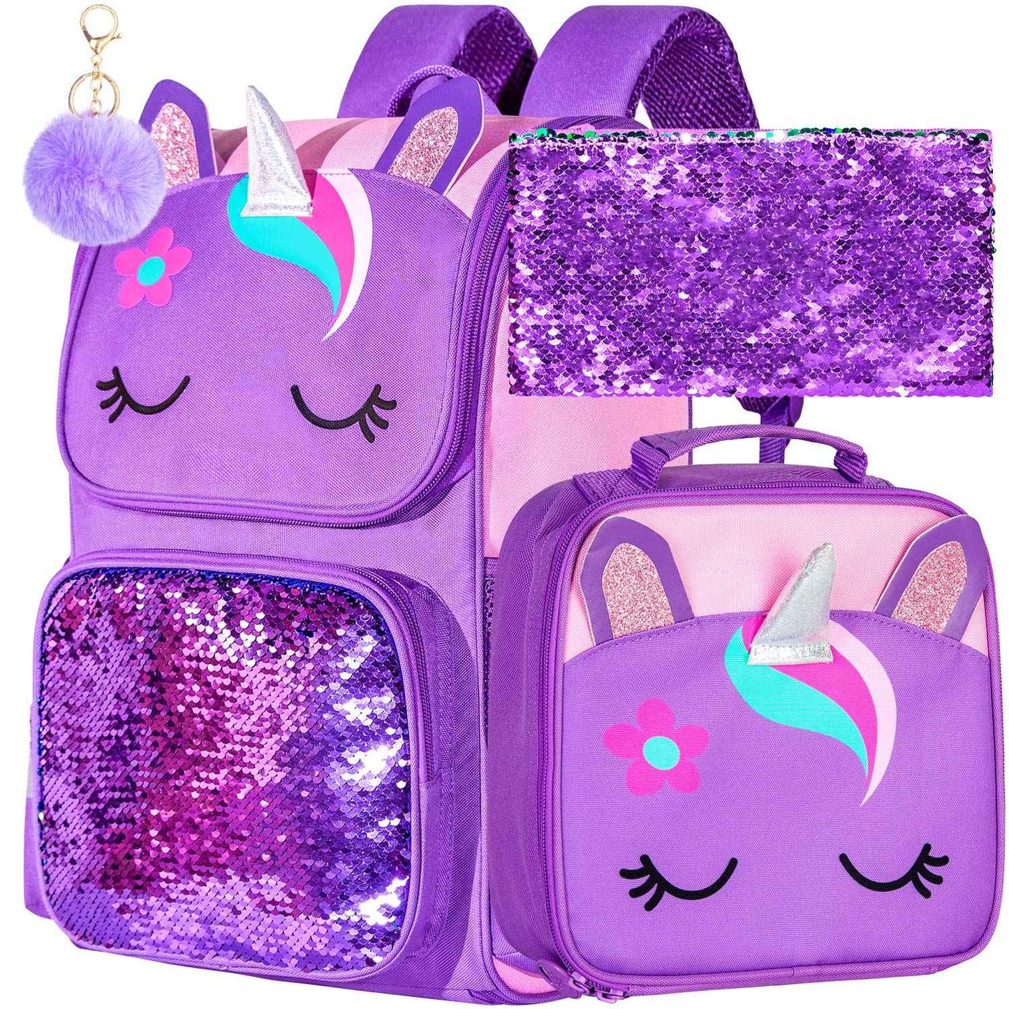 3PCS Unicorn Backpack, 15" Girls Sequin Bookbag with Lunch Box, Purple Kids School Bag for Elementary 2 sold