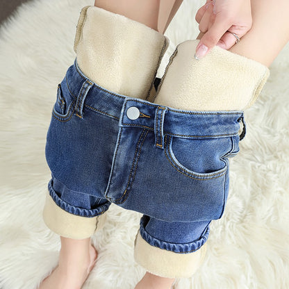 Women's Winter Fleece Warm Jeans Retro Elastic Thickened Comfortable Straight Fashion Korean Casual Female Velvet Denim Pants