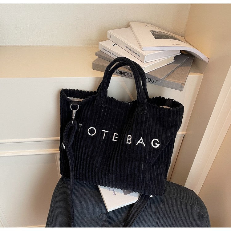 Large Capacity Striped Velvet Handbag Shoulder Bag for Woman Handbags Crossbody Bags, Versatile Letter Corduroy Women's Tote Bag