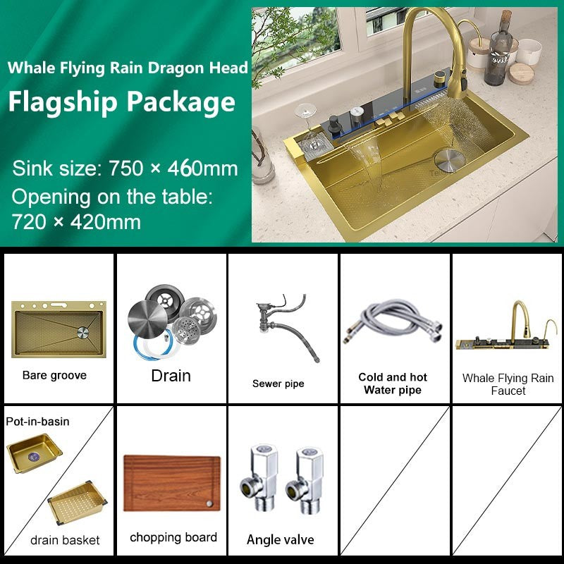 Stainless Steel Waterfall Kitchen Sink Digital Display Faucet Set Embossed Extra Large Single Slot Multiple Types of sinks