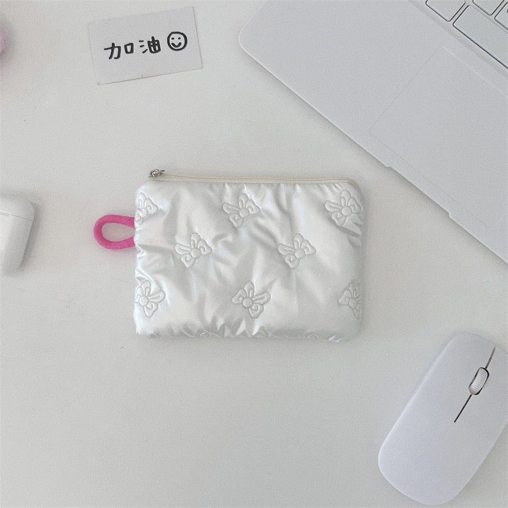 INS Style Silver Sanitary Mat Bag Zipper Button Change Purse Coins Keys Wallet Love Bow Credit Card Holder Cosmetics Napkin