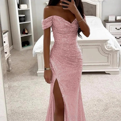 Casual Chic One-Shoulder Slit Dress Women's Fashion Party Wear Polyester Fiber Maxi Dress Regular Waistline No Sleeve