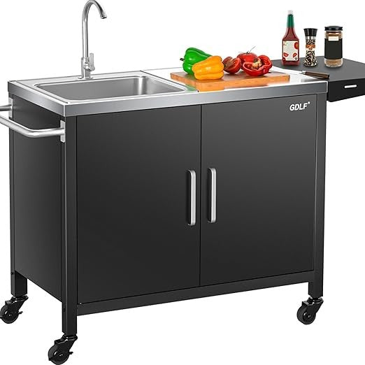 Mesa para churrasqueira externa com pia, carrinho de metal para churrasqueira, ilha de cozinha externa com pia de aço inoxidável, L145*A55cm