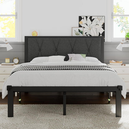 Estrutura de Cama Queen de Metal Cinza Escuro, Cabeceira Estofada e 30cm de Armazenamento sob a Cama - Plataforma sem Ruído