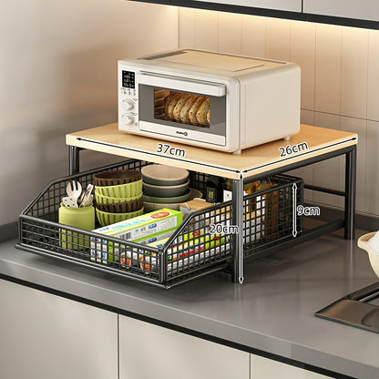 Prateleira de armazenamento moderna para micro-ondas de cozinha - estrutura robusta de madeira maciça e metal, prateleira de armazenamento de bancada que economiza espaço