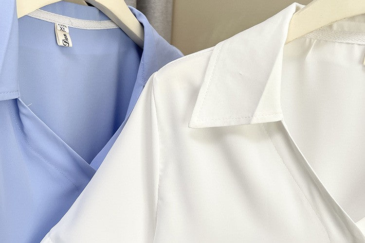 Plus Size Women's Summer New Style Lace Sleeve V-Neck Short Sleeve Shirt Fresh And Elegant Fashionable Blouse Polyester Fabric