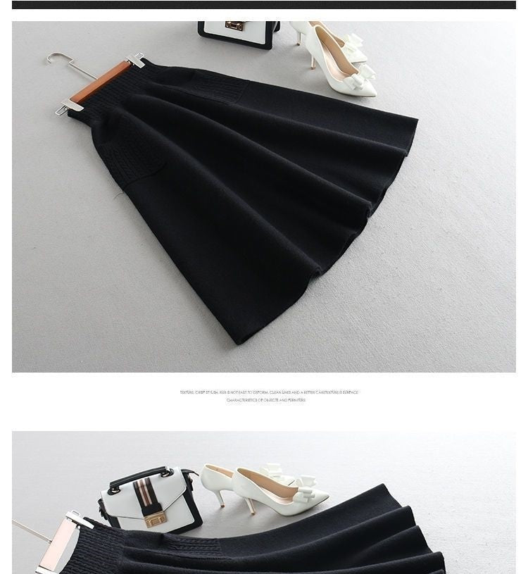 Autumn Winter Women's Mid-Length Knitted Pleated Skirt High Waist A-Line Long Skirt Loose Fuzzy Wool Skirt Double ket