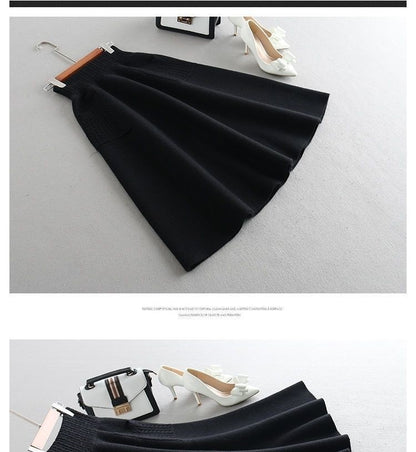 Autumn Winter Women's Mid-Length Knitted Pleated Skirt High Waist A-Line Long Skirt Loose Fuzzy Wool Skirt Double ket