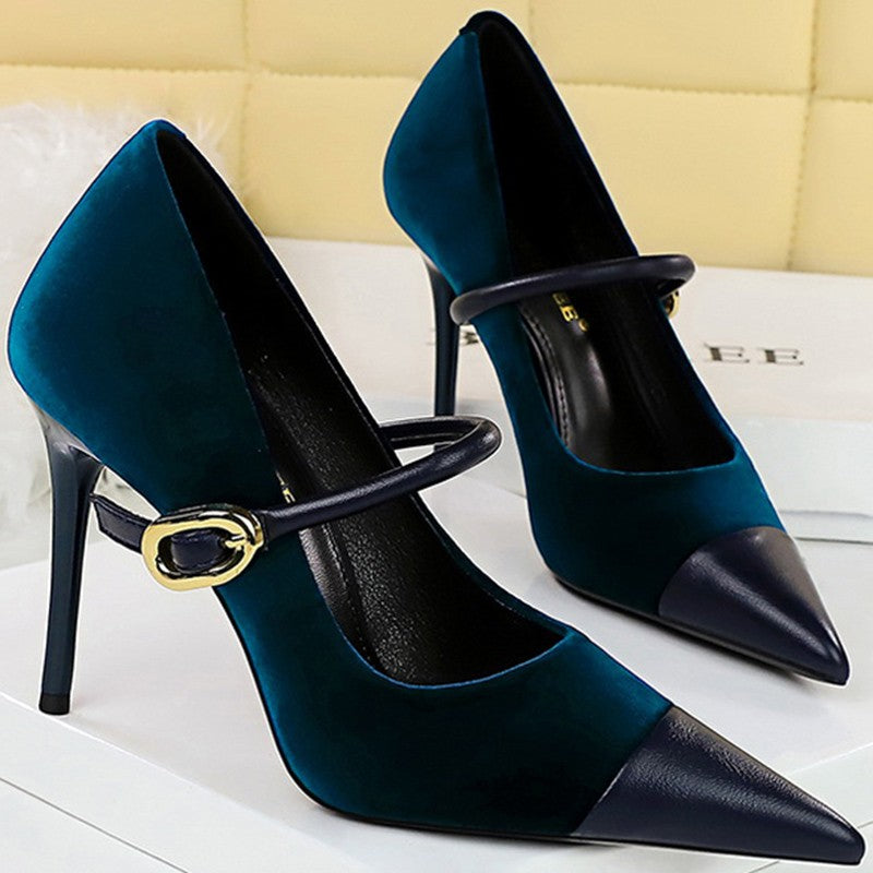 Korean Version Party 10cm 7cm High Heels Women Shoes Thin Heels Velvet Shallow Montage Pointed Toe Metal One-line Buckle Pumps