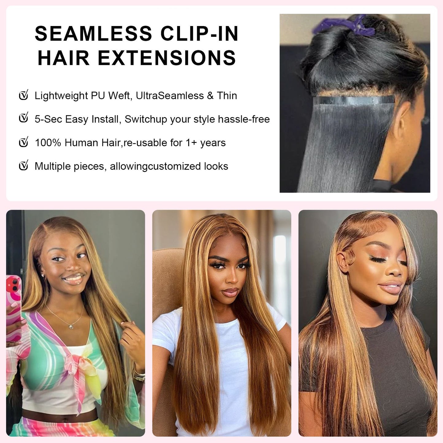 4/27 Destaque Presilha em Aplique de Cabelo Humano Real Cor 9 Peças/Conjunto de 14-22 Polegadas Presilha Brasileira em Extensões Lisas