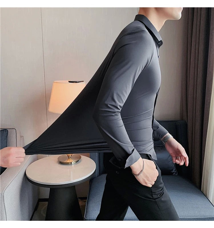 Men's Long Sleeved Elastic Shirt No Ironing Business Wear Professional Workwear Stand Up Collar Shirt Casual Solid Color Shirt