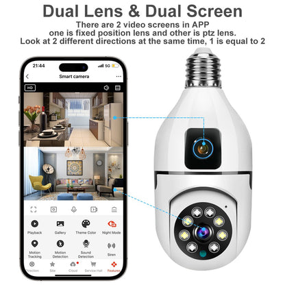 5MP CCTV PTZ WiFi Dual Lens Screen E27 Bulb Camera Tuya Smart Life Security Video Surveillance Camera Ai Human Auto Tracking