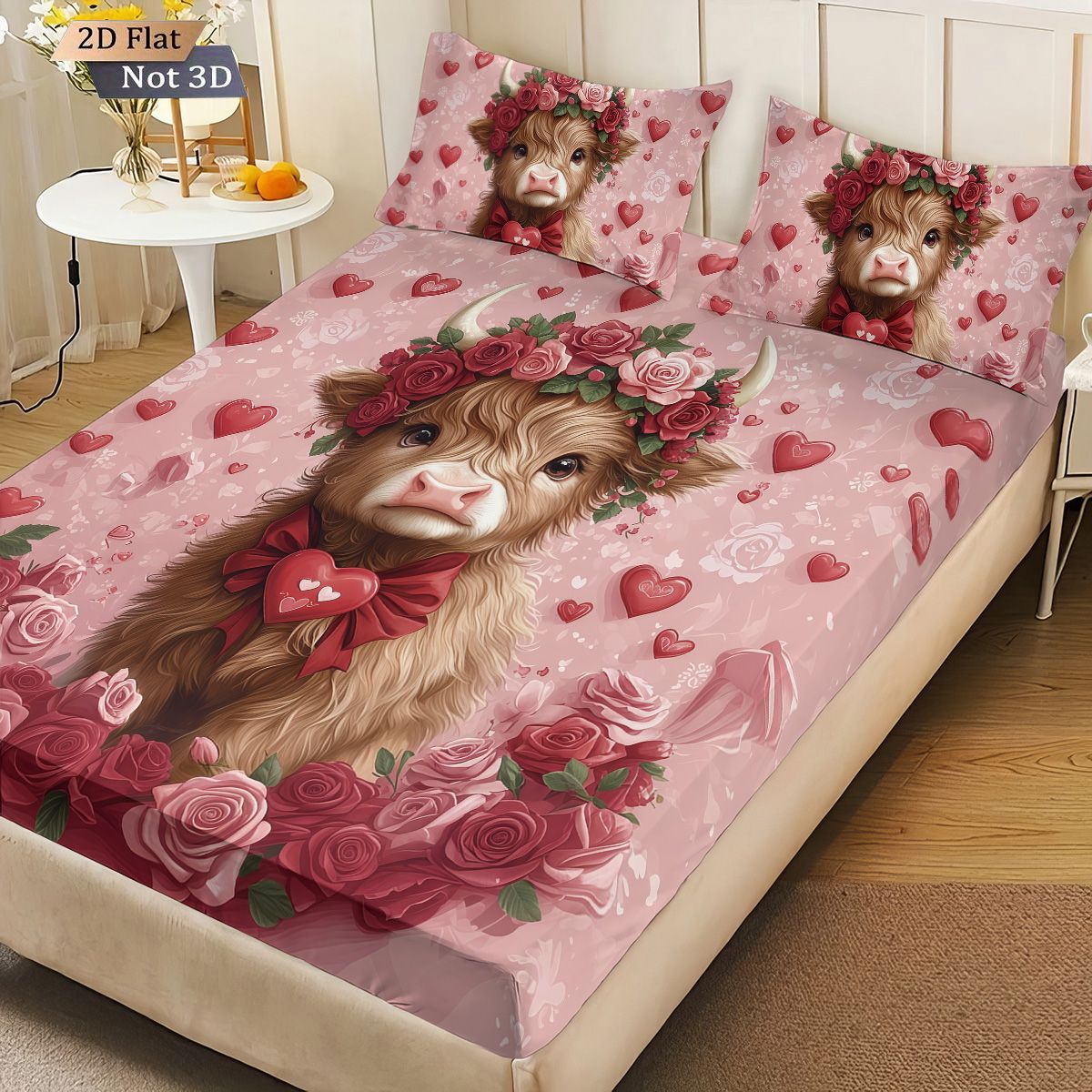 3pcs Valentine's Day Romantic Highland Cow Print coreless Bed Sheet Set Multiple Sizes Bed Cover Bedroom Bedding Decoration