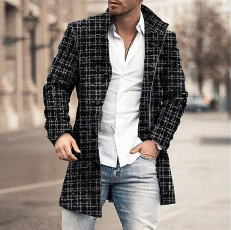 2025 Men's Casual Wool Blends Jacket Plaid Print Long Sleeve Buttoned Jackets Coats Tops Male Warm Outerwear Long Coats Men 4XL