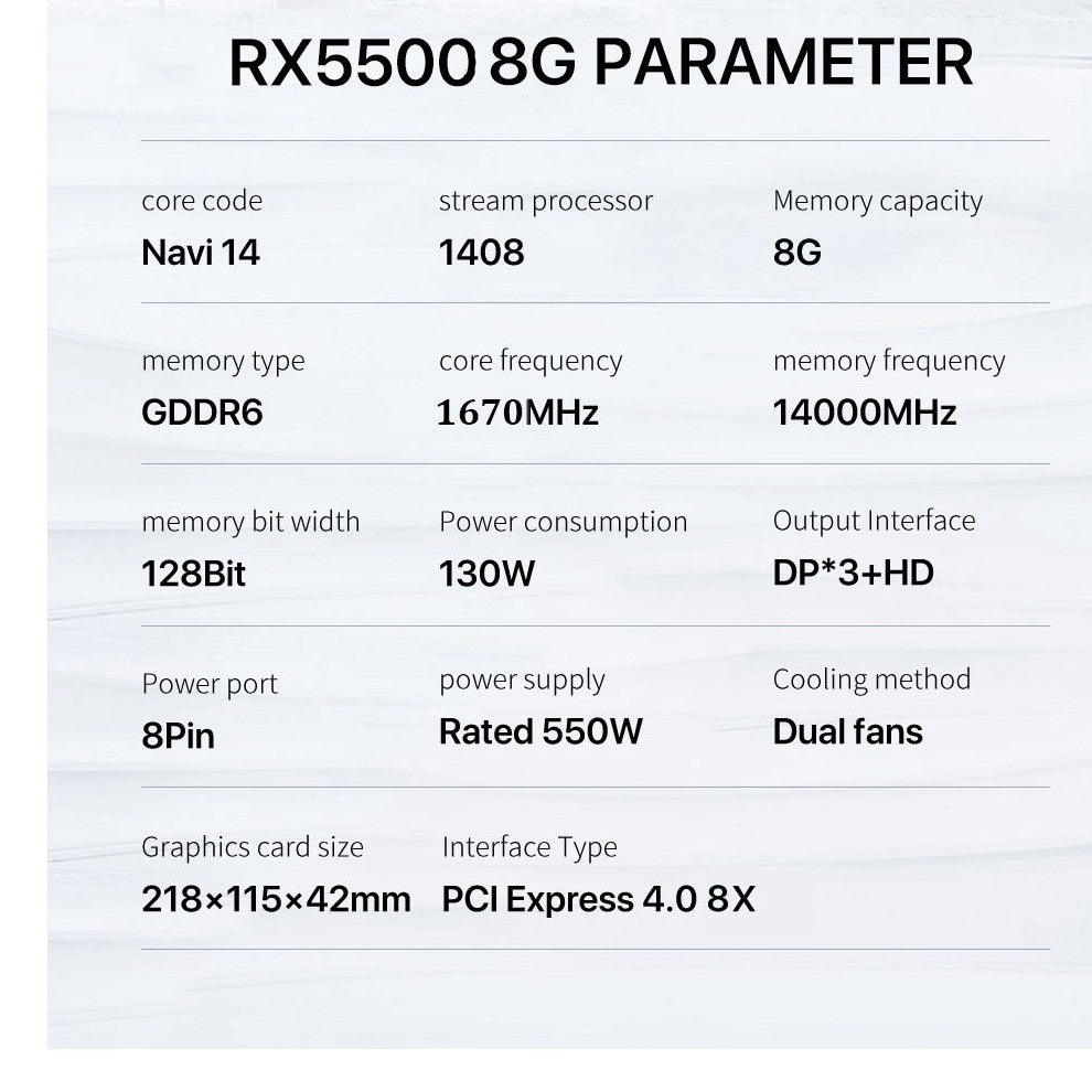 Placa de Vídeo MLLSE RX 5500 8 GB para Jogos 7 NM 128 bits GDDR6 8 pinos PCI Express 4.0 x 8 1717 MHz DP*3 Desktop