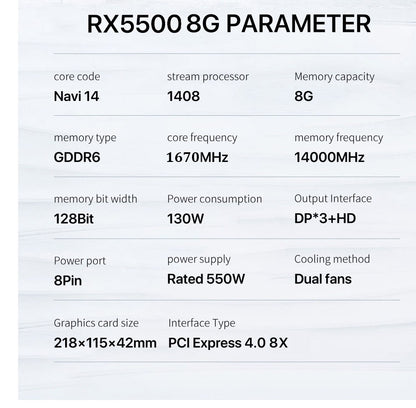Placa de Vídeo MLLSE RX 5500 8 GB para Jogos 7 NM 128 bits GDDR6 8 pinos PCI Express 4.0 x 8 1717 MHz DP*3 Desktop