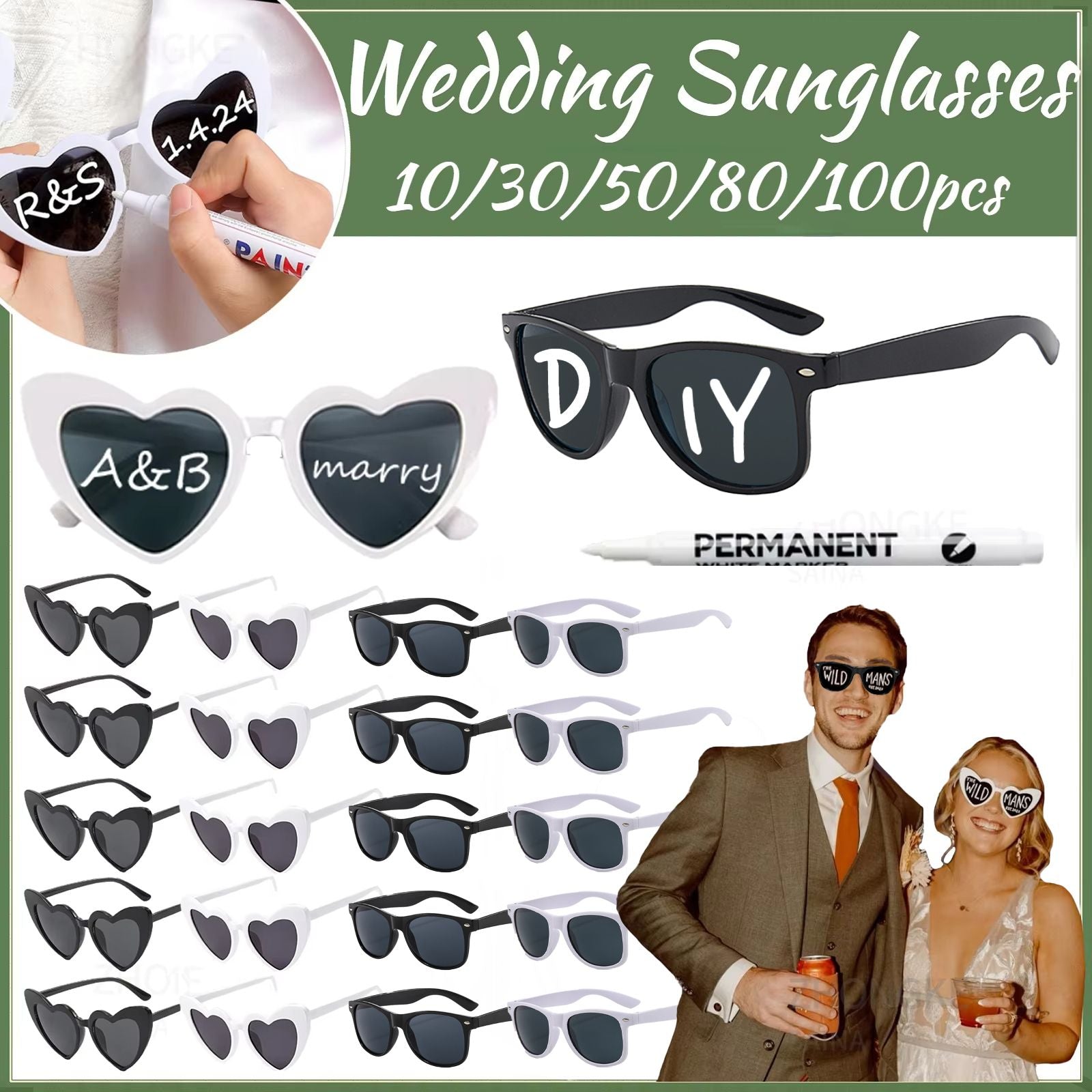 100-10Pcs DIY Wedding Sunglasses Personalised Heart Sunglasses with Pen Bachelorette Party Glasses Bridesmaid Gifts for Guests