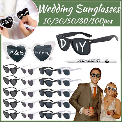 100-10Pcs DIY Wedding Sunglasses Personalised Heart Sunglasses with Pen Bachelorette Party Glasses Bridesmaid Gifts for Guests