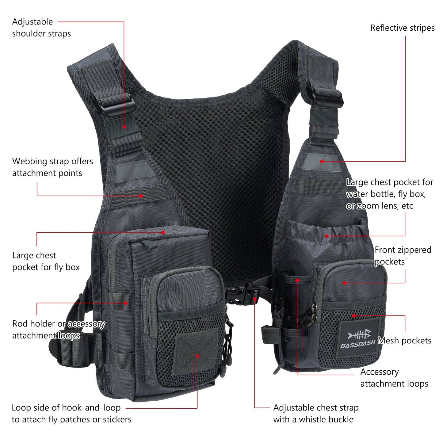 Colete de Pesca com Mosca Ultra Leve Bassdash FV08 para Homens e Mulheres, Colete de Peito Portátil Tamanho Único